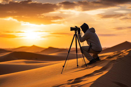 Adventurous backpacker photographer standing in the desert and looking at the beautiful landscapeの素材