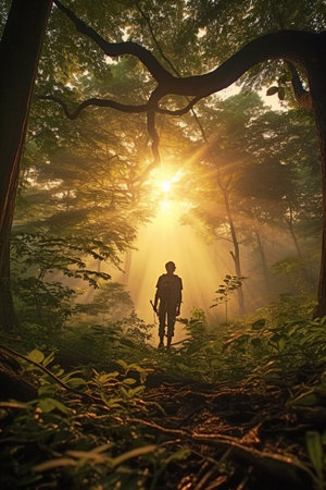 Adventurous backpacker photographer standing in the forest and taking amazing shots of wild life.の素材