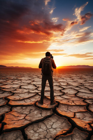Adventurous backpacker photographer standing in the desert and looking at the beautiful landscapeの素材
