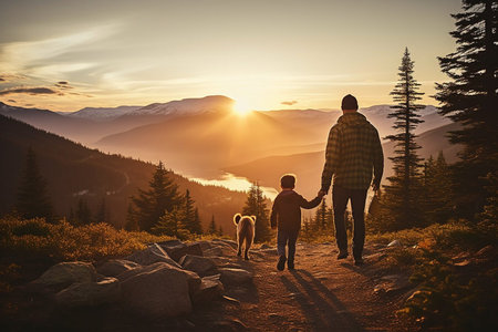 A man, father, backpacker traveling and hiking with his small son and pet dog. They standing on the peak of mountain and looking at the beautiful landscape view.の素材