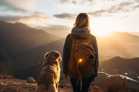 A woman backpacker traveling and hiking with her pet dog. They standing on the peak of mountain and looking at the beautiful landscape viewの素材