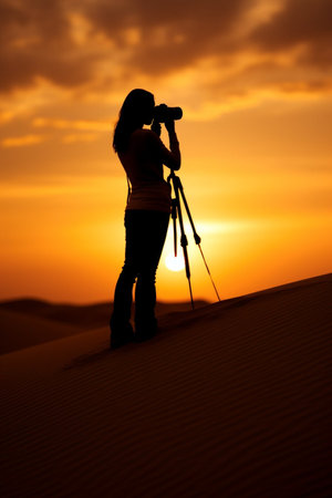 Adventurous backpacker photographer standing in the desert and looking at the beautiful landscapeの素材
