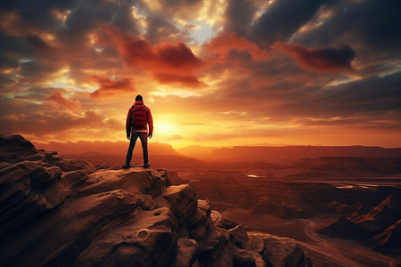 Adventurous backpacker photographer standing on mountain peak and looking at the beautiful landscape.の素材