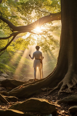 Adventurous backpacker photographer standing in the forest and taking amazing shots of wild life.の素材