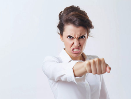 Portrait of an angry woman in business suit. Aggressive woman in rage, screaming.の素材