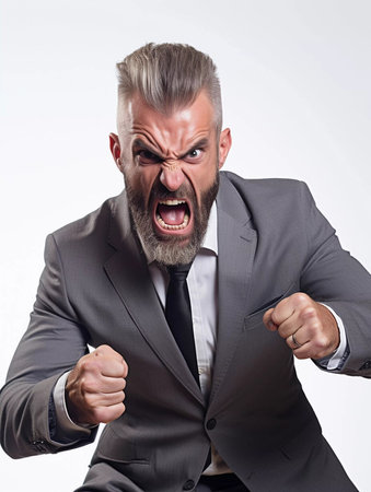 Portrait of an angry man in business suit. Aggressive man in rage, screaming.の素材