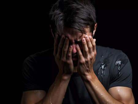 Portrait of sad, crying man in business suit. Unhappy young manの素材