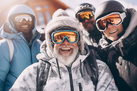 A happy group of people, friends enjoying at ski resort doing selfie. Sunny winter morning, beautiful dayの素材