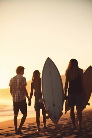 Young group of friends walking along the sandy beach near the ocean at sunset with surfboards, outdoor activities and sports holidays.の素材