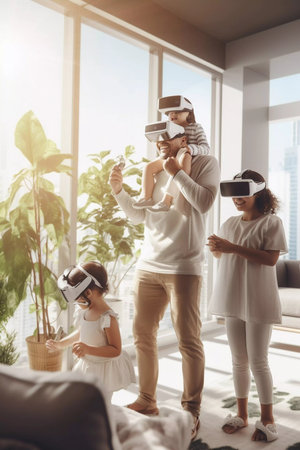 A family, parents and children playing in Virtual reality game. Dad, son, daughter, mother playing in VR gamesの素材