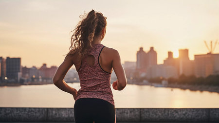 A young pretty woman doing morning stretch workout. Sport and healthy lifestyle. Copy space banner.の素材