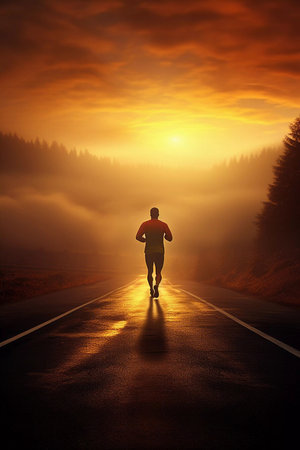 A young man running at the morning, workout. Sport and healthy lifestyle. Copy space bannerの素材