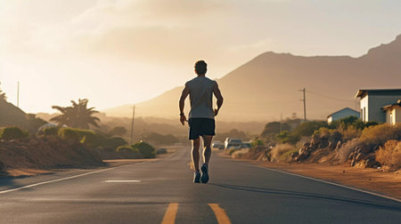 A young man running at the morning, workout. Sport and healthy lifestyle. Copy space bannerの素材