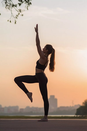A young pretty woman doing morning stretch workout. Sport and healthy lifestyle. Copy space banner.の素材