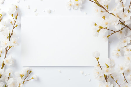Spring decorations background with beautiful white wild flowers. Copy space for text bannerの素材