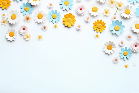 Spring and summer decorations background with beautiful wild flowers. Copy space for text bannerの素材