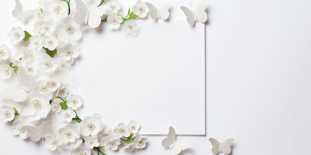 Spring decorations background with beautiful white wild flowers. Copy space for text bannerの素材