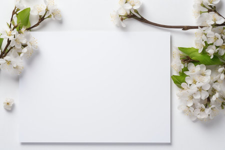 Spring decorations background with beautiful white wild flowers. Copy space for text bannerの素材