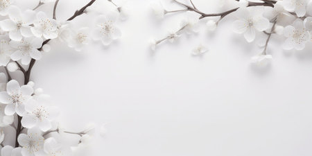 Spring decorations background with beautiful white wild flowers. Copy space for text bannerの素材