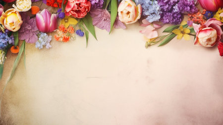 Spring and summer decorations background with beautiful wild flowers. Copy space for text bannerの素材