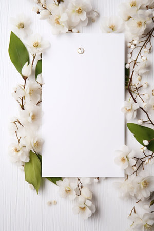 Spring decorations background with beautiful white wild flowers. Copy space for text bannerの素材