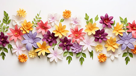 Spring and summer decorations background with beautiful wild flowers. Copy space for text bannerの素材