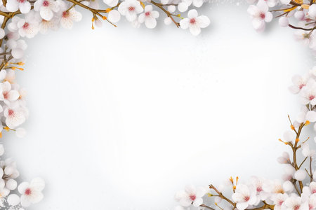 Spring decorations background with beautiful white wild flowers. Copy space for text bannerの素材