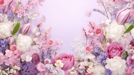 Spring and summer decorations background with beautiful wild flowers. Copy space for text bannerの素材