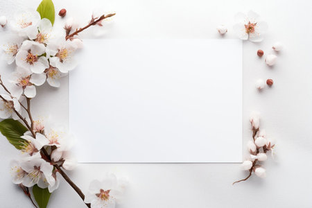 Spring decorations background with beautiful white wild flowers. Copy space for text bannerの素材