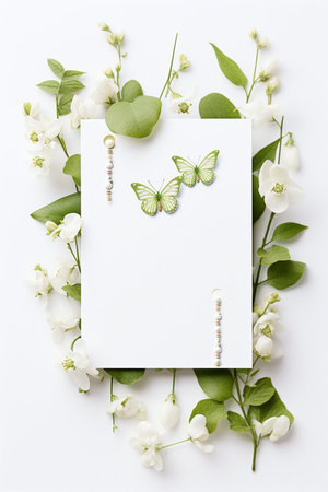 Spring decorations background with beautiful white wild flowers. Copy space for text bannerの素材