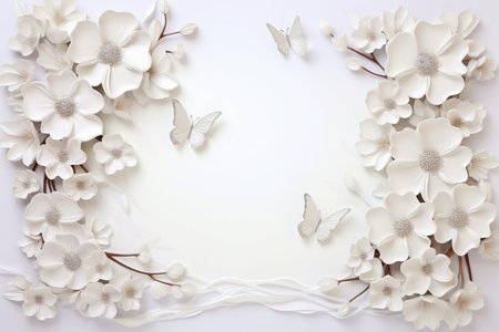 Spring decorations background with beautiful white wild flowers. Copy space for text bannerの素材