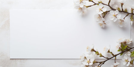 Spring decorations background with beautiful white wild flowers. Copy space for text bannerの素材