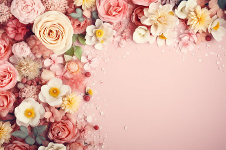 Spring and summer decorations background with beautiful wild flowers. Copy space for text bannerの素材