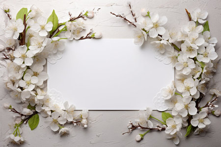 Spring decorations background with beautiful white wild flowers. Copy space for text bannerの素材