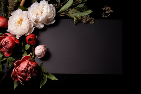 Black greetings card with beautiful pink flowers piones on a black background. Valentines day, wedding or birthday gift card mockupの素材