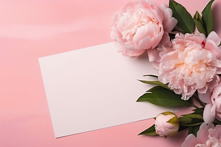 A greetings card with beautiful pink flowers piones on a pink background. Valentines day, wedding or birthday gift card mockup.の素材