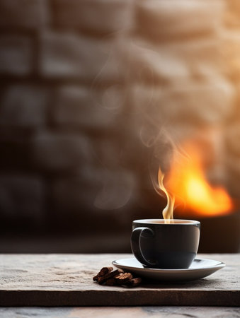 Latte, coffee or cappuccino mug on wooden table in a cafe, beautiful with natural light, vintage tones, food and drink. Copy space for text banner.の素材