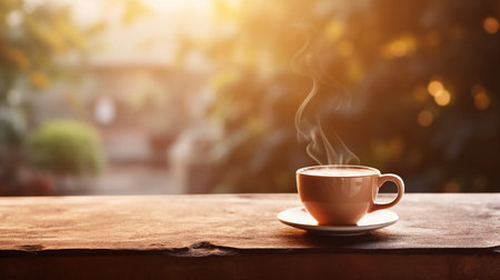 Latte, coffee or cappuccino mug on wooden table in a cafe, beautiful with natural light, vintage tones, food and drink. Copy space for text banner.の素材