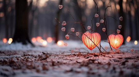 A Valentines day decorations in a winter snowy forest. Candles and pink red hearts on the ground, copy space for textの素材