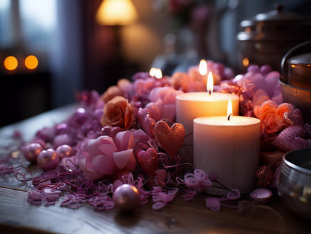 A Valentines day decorations on a wooden table. Candles and pink red hearts at the floor, copy space for textの素材