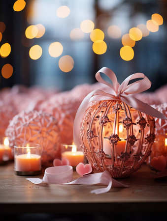 A Valentines day decorations on a wooden table. Candles and pink red hearts at the floor, copy space for textの素材