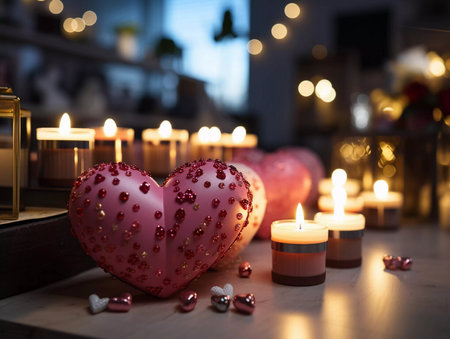 A Valentines day decorations on a wooden table. Candles and pink red hearts at the floor, copy space for textの素材