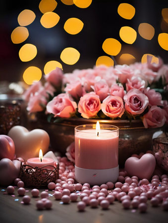 A Valentines day decorations on a wooden table. Candles and pink red hearts at the floor, copy space for textの素材
