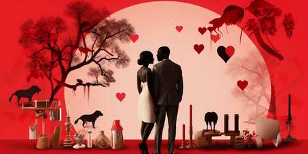 Collage of Valentines day by African style. Couple, man and woman, red hearts, love decorations greetings card or banner.の素材