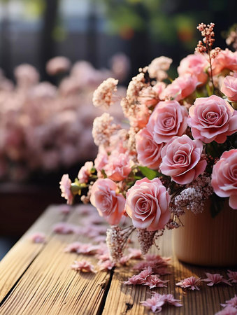 A beautiful flower bouquet on a wooden table with blurred background. Greetings card for valentines day, mothers day, birthday or wedding with copy spaceの素材