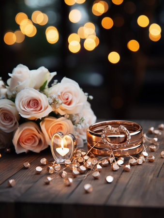 A beautiful flower bouquet on a wooden table with blurred background. Greetings card for valentines day, mothers day, birthday or wedding with copy spaceの素材