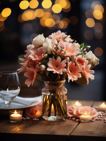 A beautiful flower bouquet on a wooden table with blurred background. Greetings card for valentines day, mothers day, birthday or wedding with copy spaceの素材