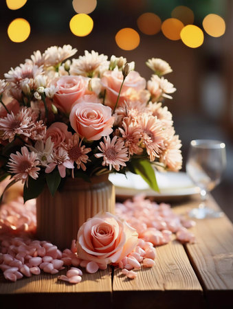 A beautiful flower bouquet on a wooden table with blurred background. Greetings card for valentines day, mothers day, birthday or wedding with copy spaceの素材