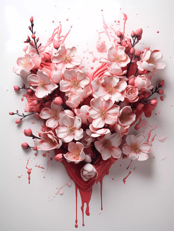 A beautiful heart shape of flowers on a white background. Greetings card for valentines day, mothers day, birthday or wedding with copy spaceの素材