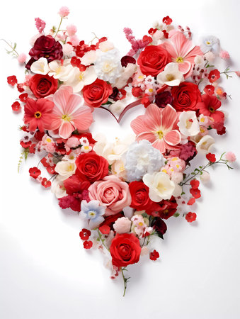 A beautiful heart shape of flowers on a white background. Greetings card for valentines day, mothers day, birthday or wedding with copy spaceの素材